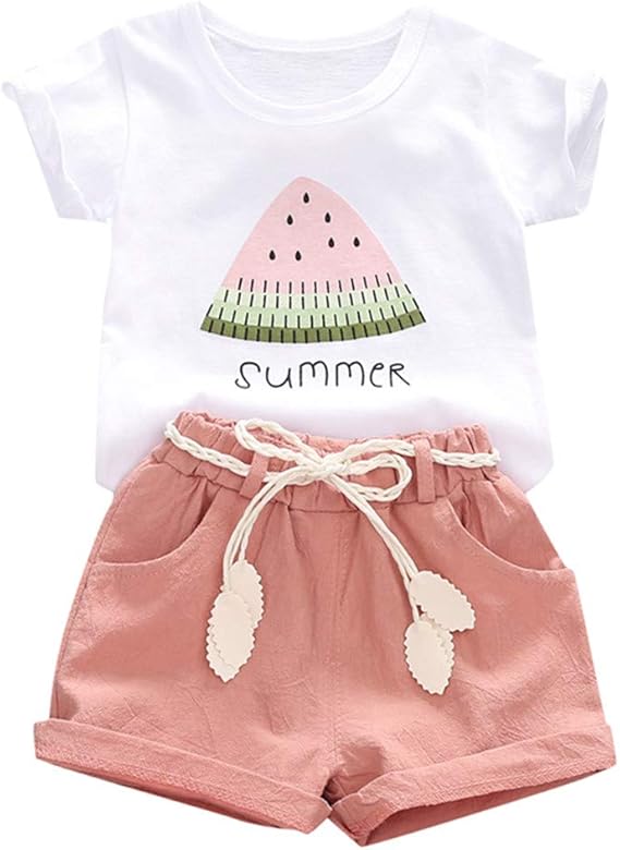 Amazon Co Jp Feiscat ベビー服 上下セット 女の子 果物柄 スイカ 英字 デザイン プリント 子供服 Tシャツ ショットパンツ 2点セット かわいい おしゃれ カジュアル 人気 快適 赤ちゃん 新生児 幼児服 通園 出産祝い お出かけ プレゼント 100 10 ピンク 服