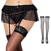 Satohom Women’s Sexy Lace Garter Belts Naughty Plus Size 3 Piece Lingerie Mini Skirt Fish Net Stocking with G-String