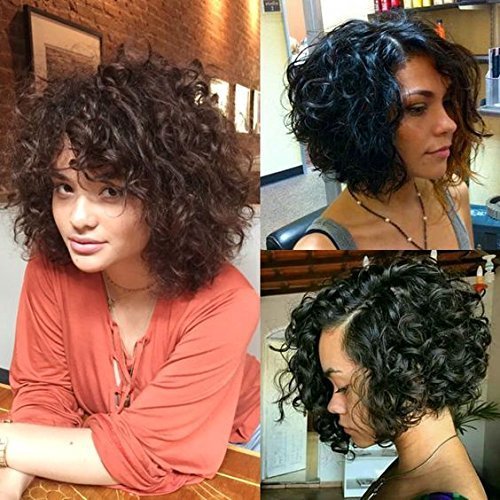 Brazilian Short Curly Bob Human Hair Full Lace Wigs with Baby Hair for Black Women Natural Color 12 inch