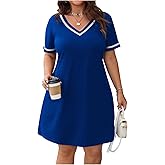 Verdusa Women's Plus Size A Line T Shirt Dress Short Sleeve V Neck Tunic Dresses Casual Outfits