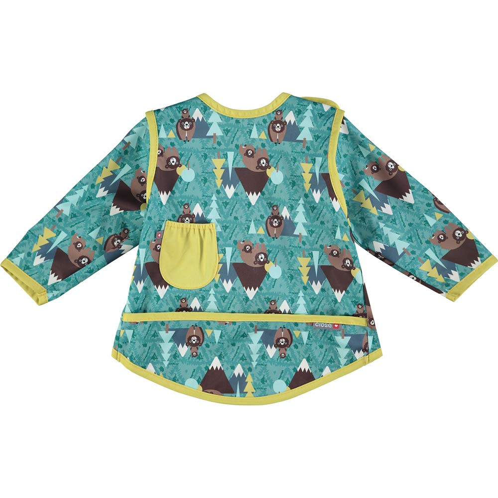 Close Pop-in Waterproof Baby Bibs Long Sleeve Bib Stage 4 with Front Pocket from 18 to 36 Months Old, Bear Colour Print