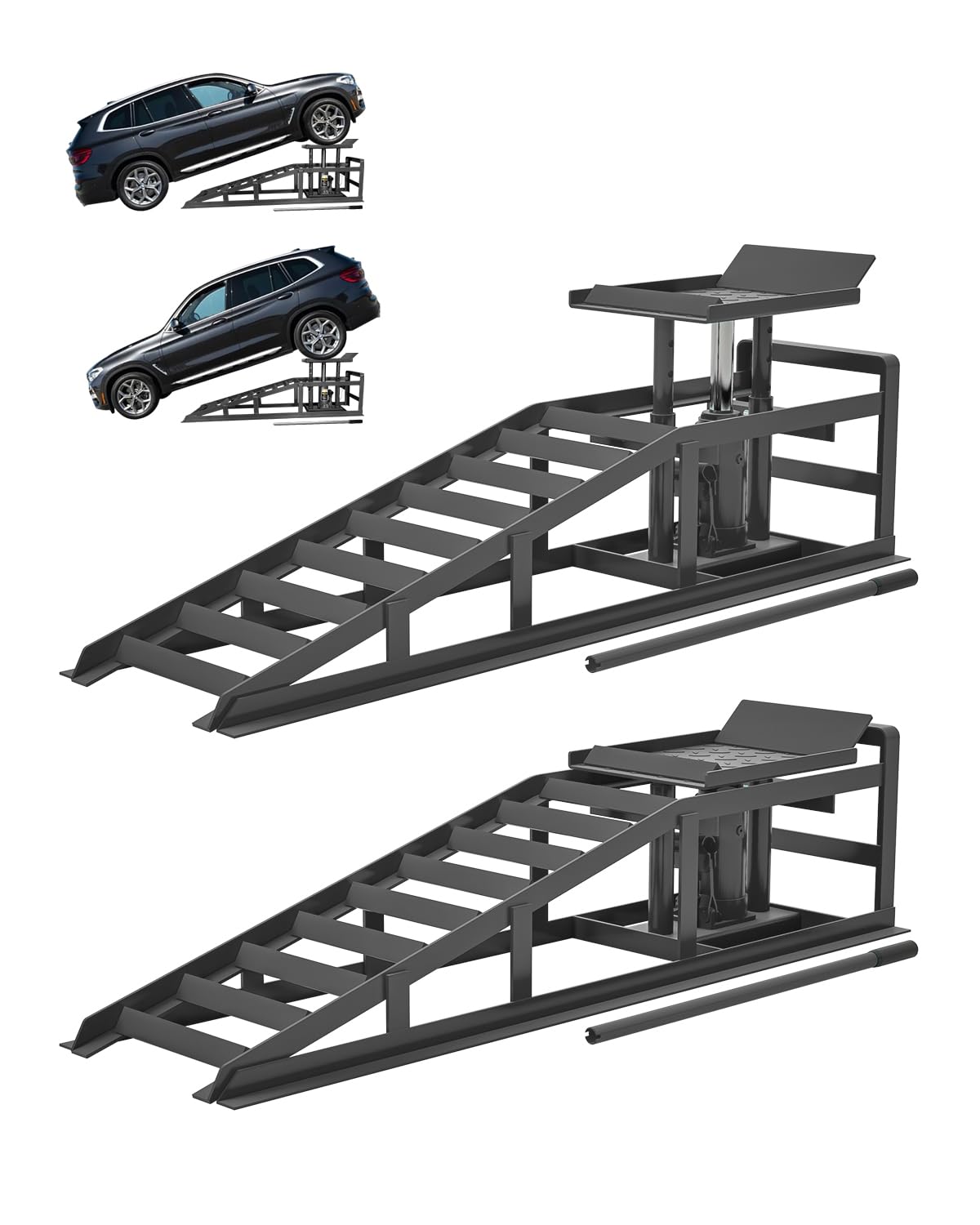 View 1 of Hydraulic Car Ramps, 5T 11000lbs Low Profile Car Lift Service Ramps Truck Trailer Garage, 4-Position Adjustment, Lift Height 11.61-16.21 inches