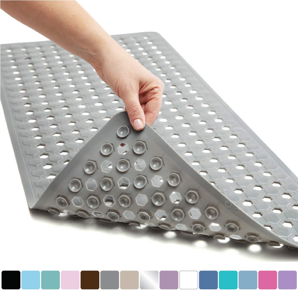 Gorilla Grip Original Patented Bath, Shower, Tub Mat, 35x16, Washable, Antibacterial, BPA, Latex, Phthalate Free, Bathtub Mats with Drain Holes, Suction Cups, XL Size Bathroom Mats, Gray Opaque