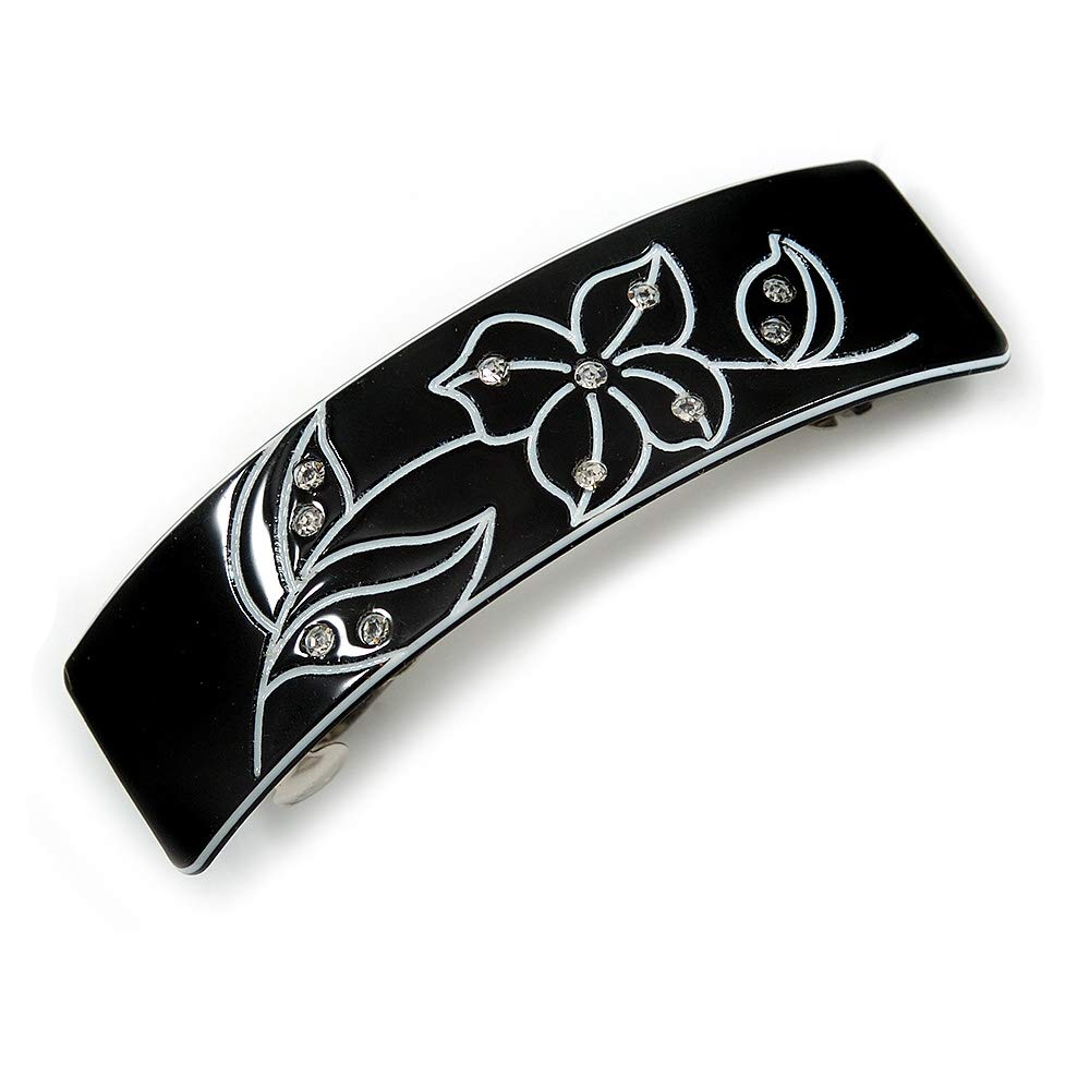 Black/White Crystal Acrylic Barrette Hair Clip Grip In Silver Tone Metal - 80mm Long