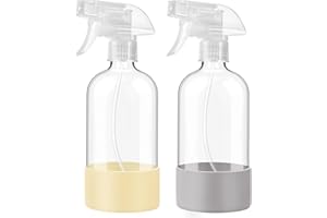 JohnBee Glass Spray Bottles with Silicone Sleeve, 2 Pack16 oz Empty Refillable Containers with Adjustable Spray Nozzles, Spray Bottles for Hair, Cleaning Solutions and Plants Pale Yellow&Grey