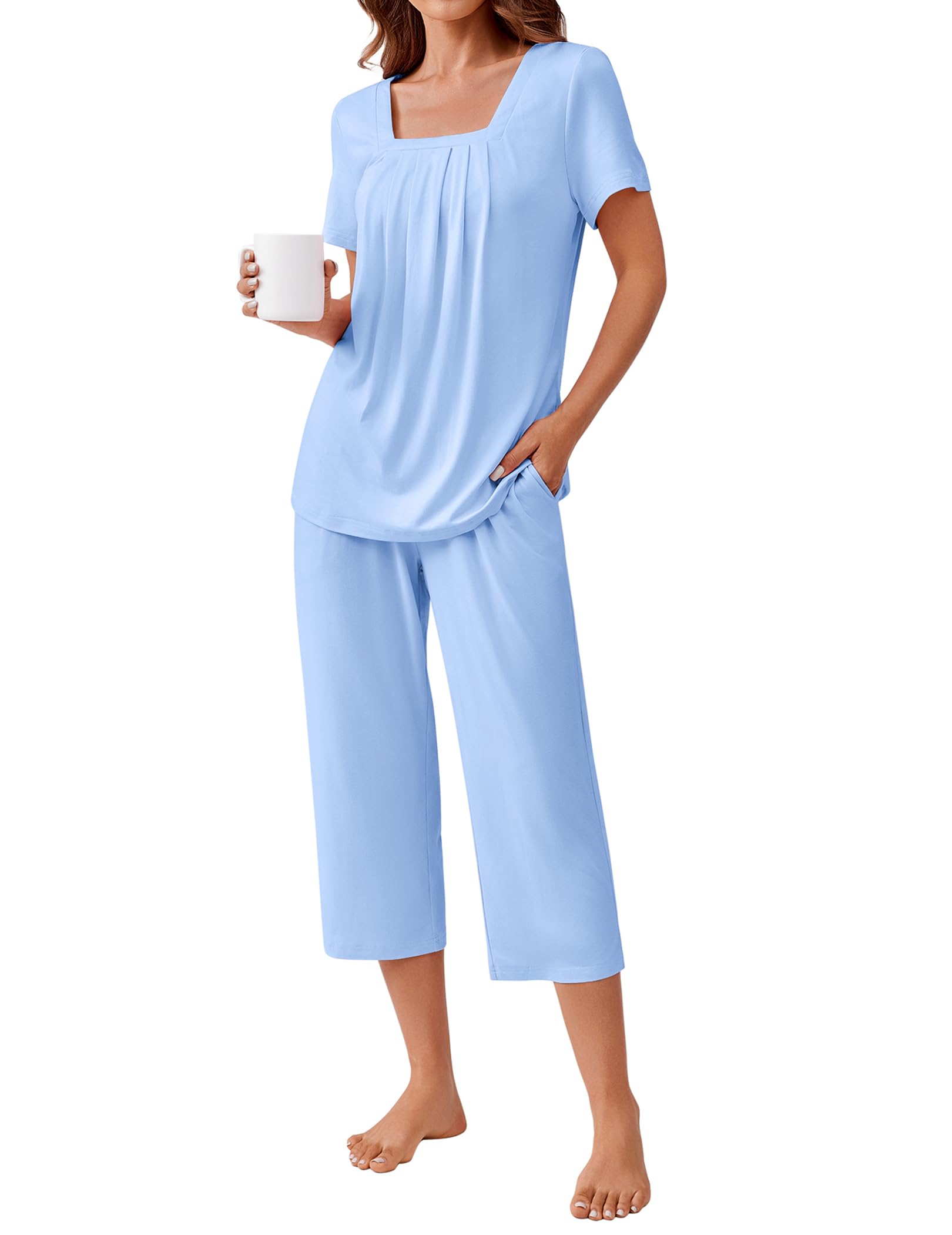Photo 1 of ***2 PCS****Ekouaer Pajama Set for Women Short Sleeve Top With Capri Pants Pjs 2 Piece O Neck Loungewear Soft Sleepwear with Pockets Light Blue Large