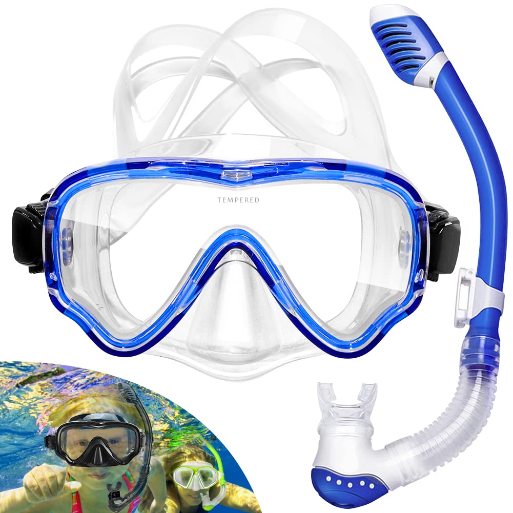 HINATAA Snorkel Set Adults/Kids, Panoramic 180° Wide View Scuba Mask, Anti-Fog Anti-Leak Tempered Glass Safety Scuba Diving Mask, Free Breathing Easy Dry Top Snorkel, Adjustable Strap (Blue/Kids)