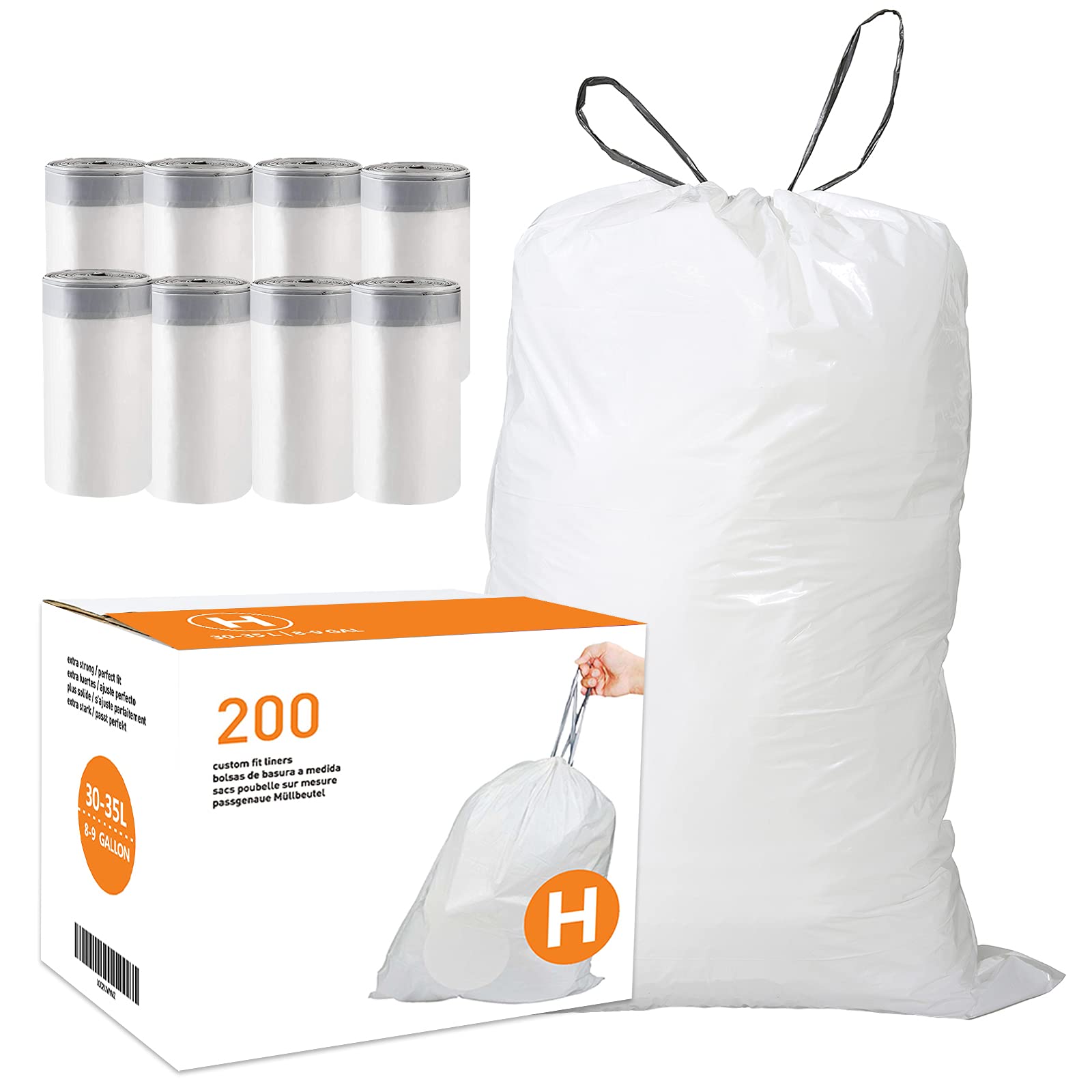 Photo 1 of Code H (200 Count) 8-9 Gallon Heavy Duty Drawstring Plastic Trash Bags Compatible with simplehuman Code H | 1.2 Mil | White Drawstring Garbage Liners 8-9 Gallon/30-35 Liter