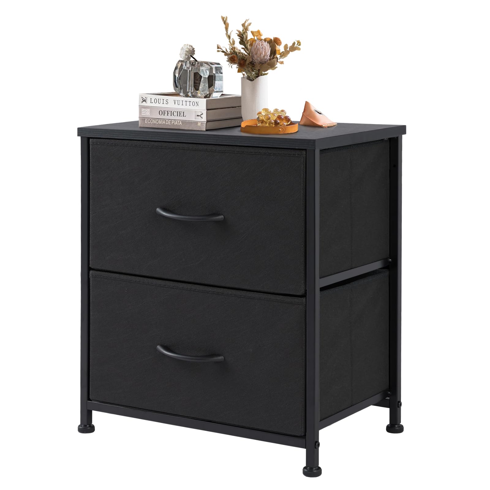 DUMOS Nightstand Small Dresser with 2 Fabric Drawers Side Tables Bedroom End Table Bedside Storage Furniture for 20 inch Tall Night Stand for Entryway, College Dorm, Ink Image