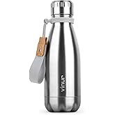 VINUR 9 oz Small Insulated Water Bottle for Kids Lunchbox -18/8 Stainless Steel Vacuum Leak-Proof Flask with Carry Rope for Sports Travel, Cola Shape, Silver