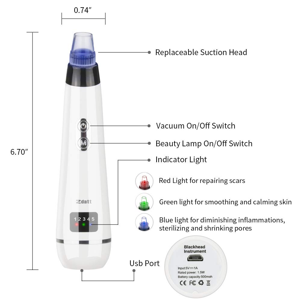 Blackhead Remover,Zdatt Blackhead Vacume Remover -Comedo Pore Extracotr Beauty Device with 5 Probes for Blackhead Remover Vacume Suction Cleanser: Beauty