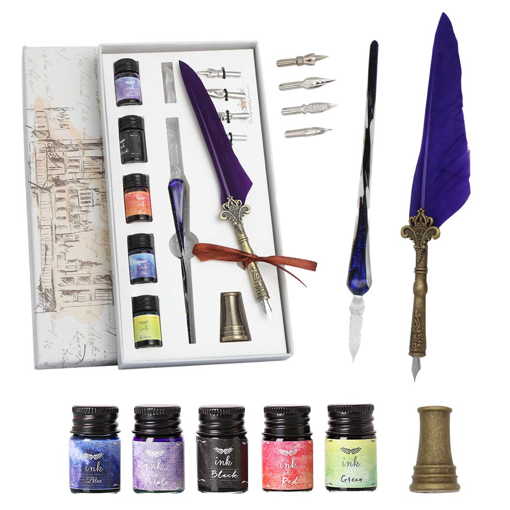 SIPLIV Calligraphy Feather Pen Glass Dip Pen Set With Feather Dip Pen, Glass Pen, 5 Colors Ink, 4 Replacement Nibs, Pen Rest, Metal Pen Holder, Pruple