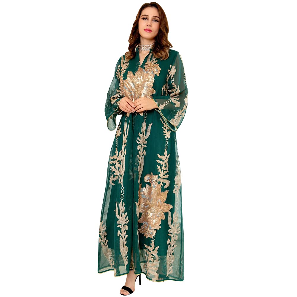 OBEEII Abayas For Women Muslim Applique Embroidery Long Sleeve Maxi...