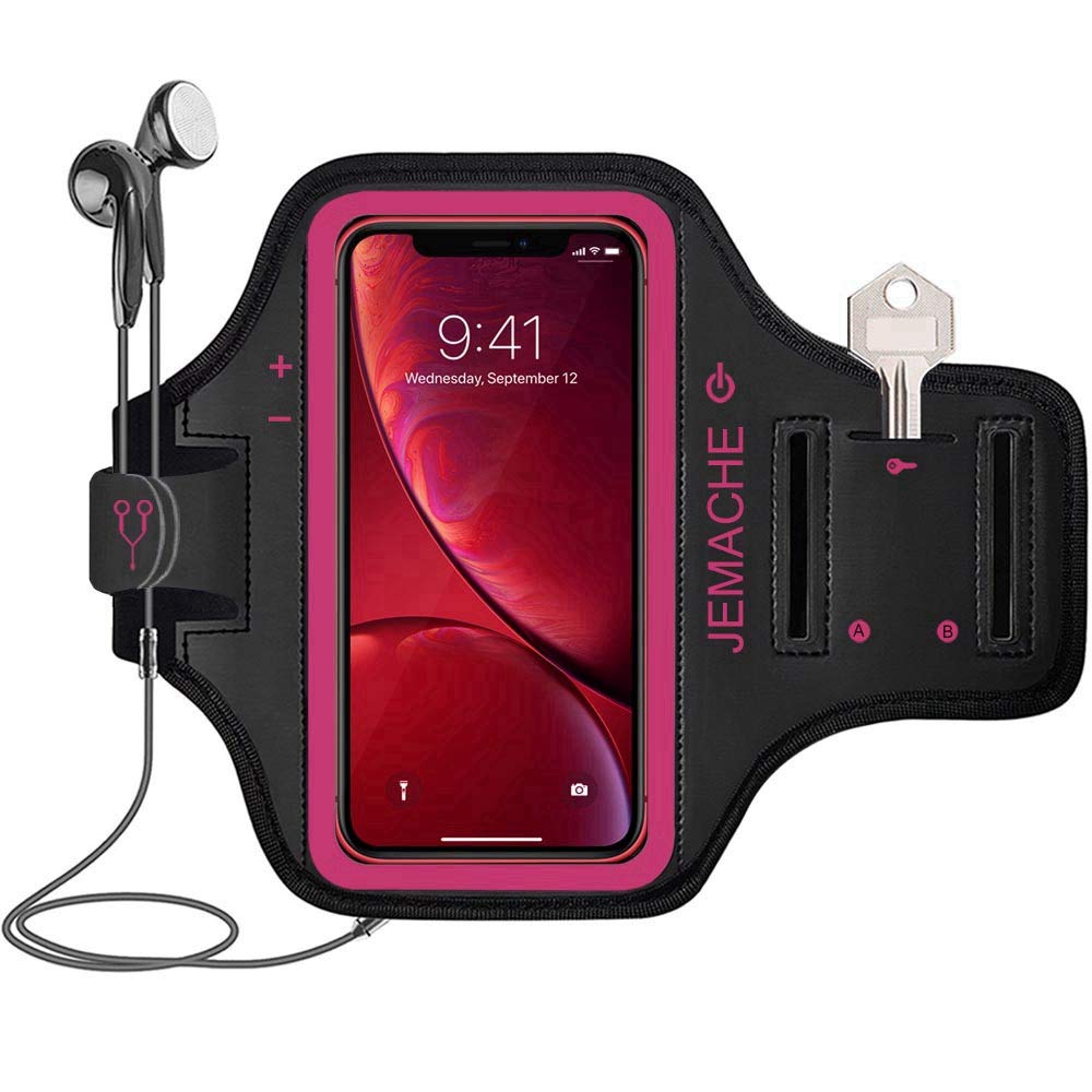 iPhone 16e 16 15 Armband, JEMACHE Water Resistant Sport Running Workout Gym Arm Band for iPhone 16e, 16, 15, 14, 13, 12, 11 (Rosy)