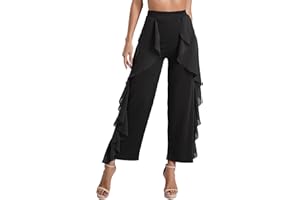 Jowowha Women's Chiffon Ruffle Dance Pants Ballroom Latin Tango Salsa Practice Performance Dancing Costume Pants