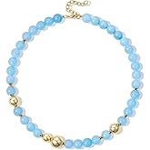 KissYan Beaded Necklaces for Women, 14K Gold Plated Natural Gemstones Beach Choker, Boho Handmade Crystal Ball Chain Pink Blue Stone Summer Jewelry Gifts