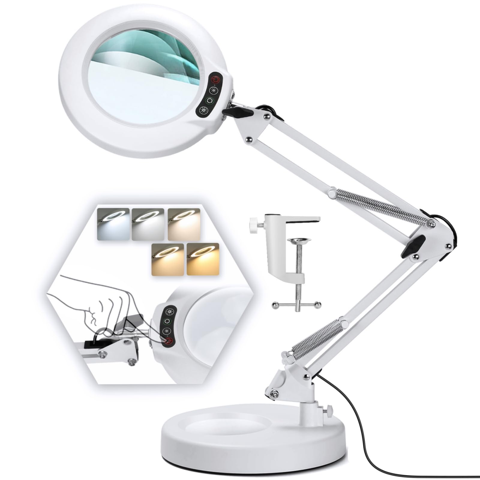 Photo 1 of 10X Magnifying Glass with Light and Stand, 5 Color Modes Stepless Dimmable 2-in-1 Desk Lamp with Clamp, Hands Free LED Lighted Magnifier with Light for Craft Hobby Painting Reading Close Works - White