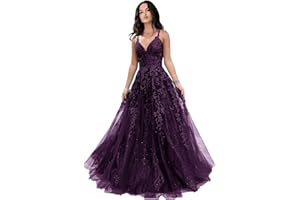 CHICBRIDAL Tulle Prom Dresses for Women 2025 Sparkly Lace Appliques Long Ball Gowns Spaghetti Straps A-Line Evening Gowns