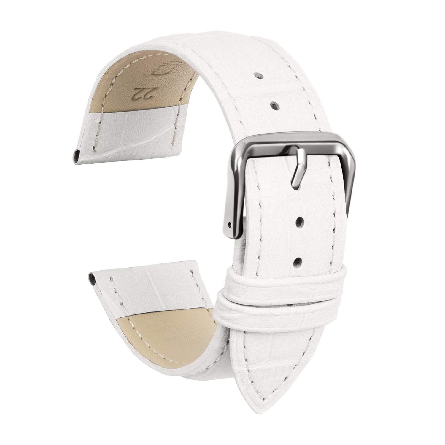 ULLCHRO Watch Strap Replacement Genuine Leather Watch Band Stitched Edging Bamboo Grain - 12, 14, 16, 18, 19, 20, 21, 22, 24 mm Watch Bracelet with Stainless Steel Silver Buckle (16mm, White)