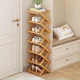 XZXWZX 7 Tier Foldable Shoe Rack, Bamboo Vertical Shoe Organizer Tall for Multifunctional Narrow Shoe Shelf for Entryway, Closet, Corner, Bedroom, Hallway(Natural)
