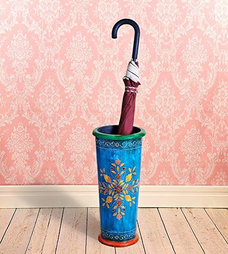 Vintage Rustic Hand Painted Wooden Umbrella Stand Entryway Freestanding Umbrella Holder Rack Organizer for Canes/Walking Home and Office Decor - Pine Wood (blue)