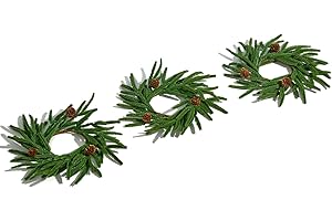 Heleze 3 Pcs Christmas Candle Rings - Artificial Mini Norfolk Pine Wreaths with Pinecones Candle Holders for Table Centerpiece Pillar Candles Xmas Decorations