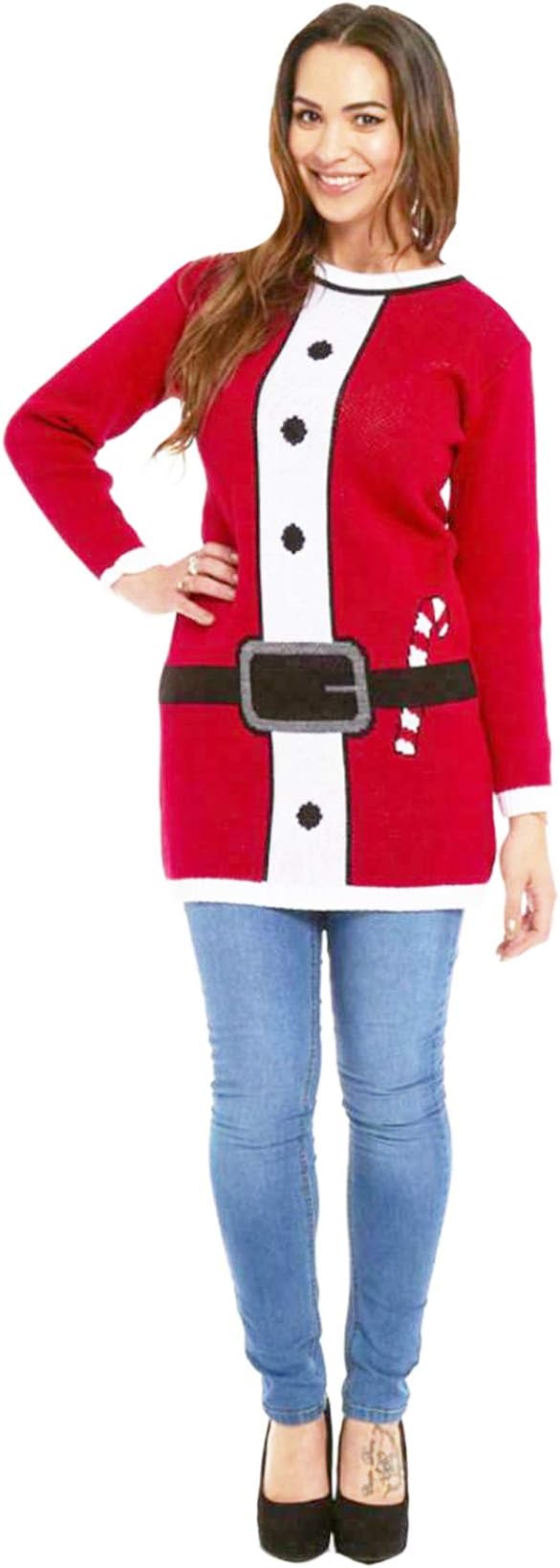 Elegant New Santa Ladies Novelty Vintage Reindeer Kissing Hands of My Pudding Christmas Retro Xmas Knitted Jumper Sweater Dress Top 8-12