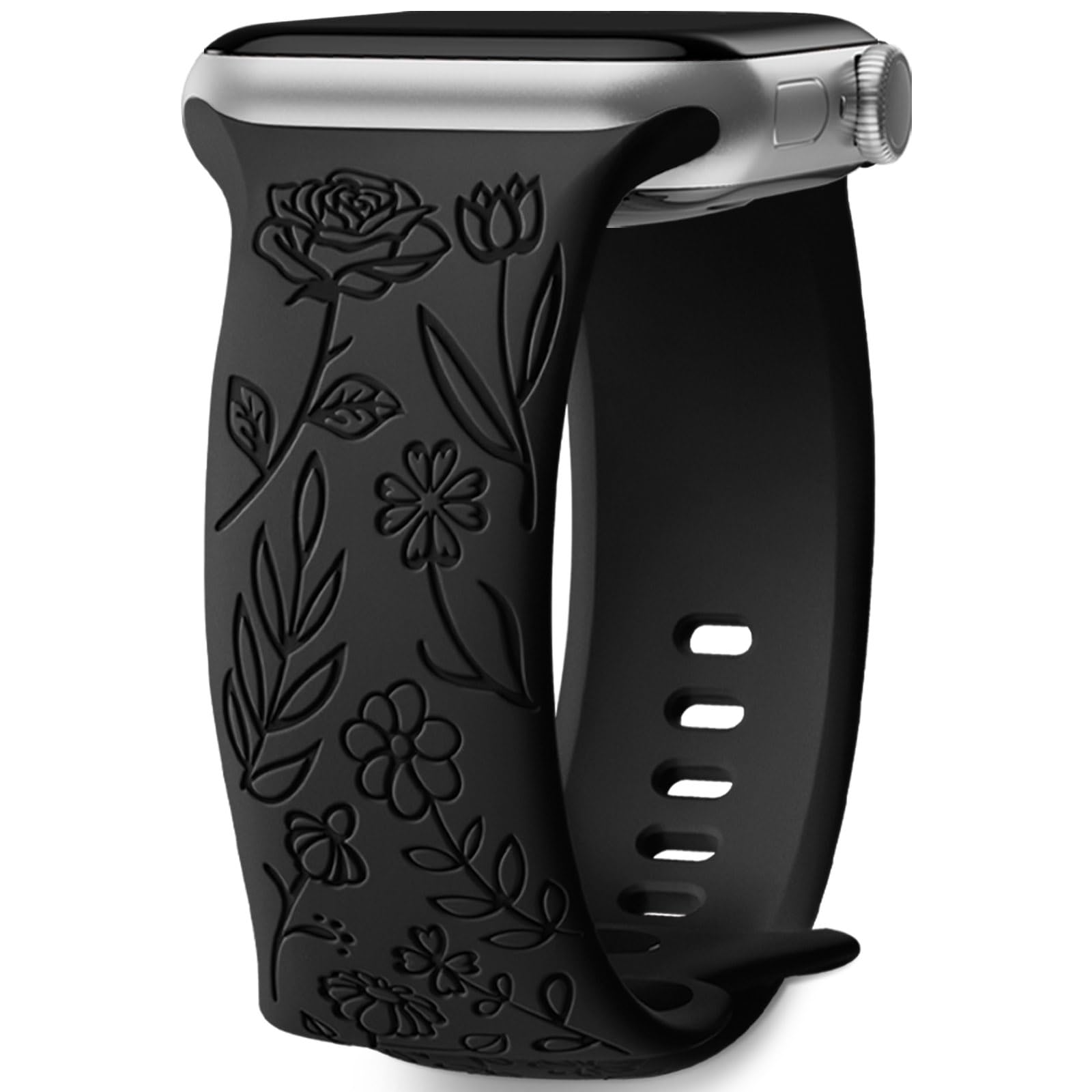 Mastten Floral Engraved Strap Compatible with Apple Watch Straps 38mm 40mm 41mm 42mm Women, Soft Silicone Elegant Rose Floral Band for iWatch SE 3 2 1 Series 11 10 9 8 7 6 5 4 3 2 1, Black — image 1