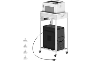 SEHERTIWY Computer Tower Stand, Adjustable PC Tower Stand CPU Holder Cart with Charge Station and USB Charging Port, 2 Tier Printer Stand with Wood Storage Drawer for Home Office Fax, White