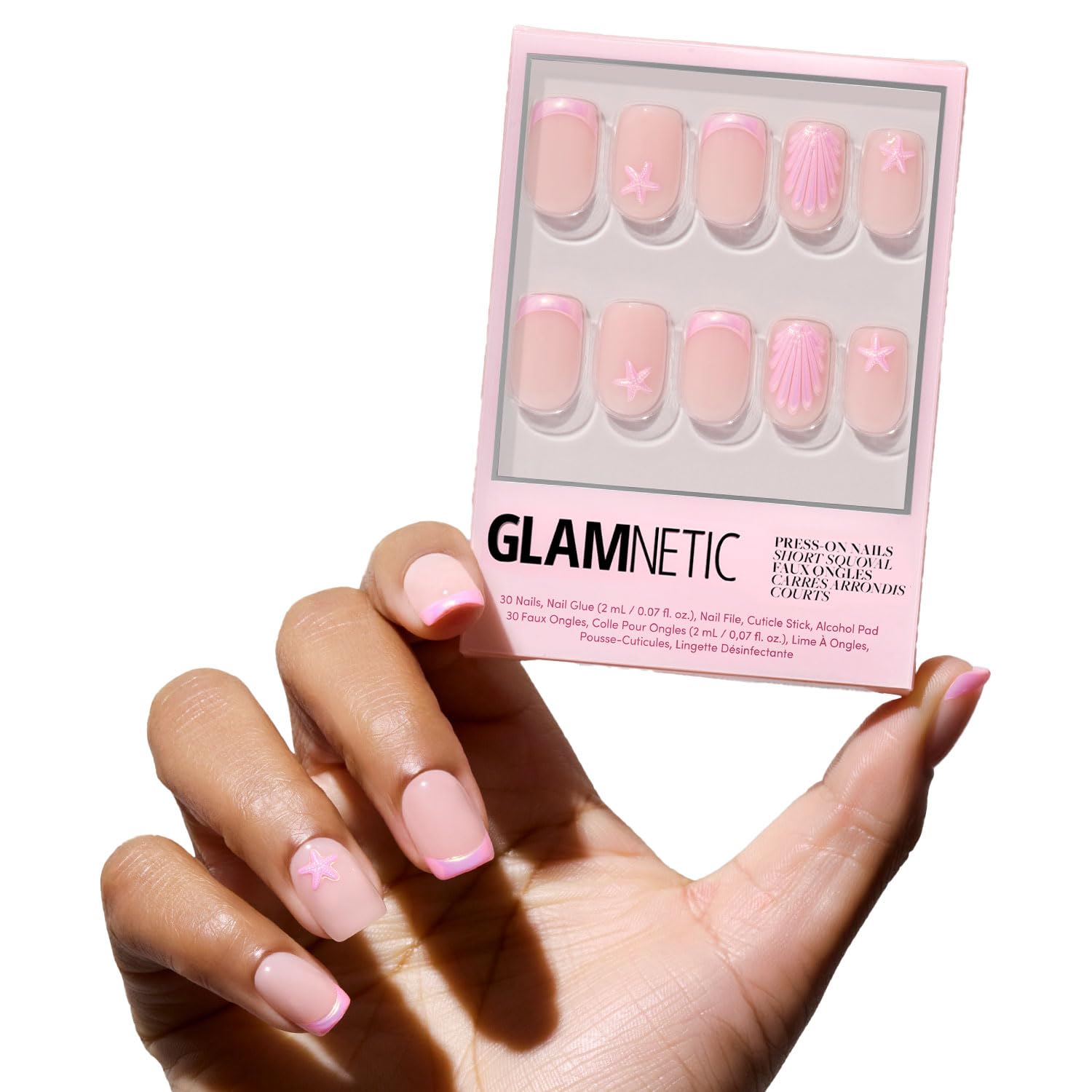 Photo 1 of Glamnetic Press On Nails - Blush Dunes | Short Squoval Fake Nails with Pink French Tips and 3D Accents, Salon Quality Summer Nails | 15 Sizes - 30 Nail Kit with Glue