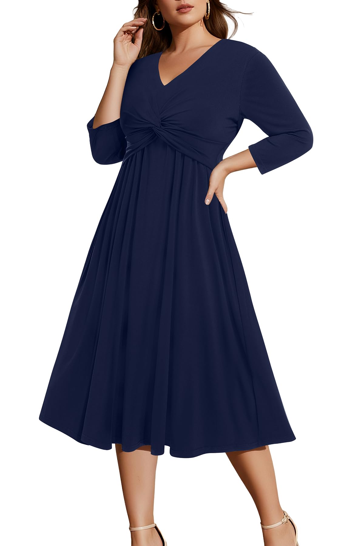 Photo 1 of 16W-Talisea Navy Blue Dress for Women Plus Size semi Formal 3/4 Sleeve Wedding Guest Casual Cocktail Summer Fall Curvy midi