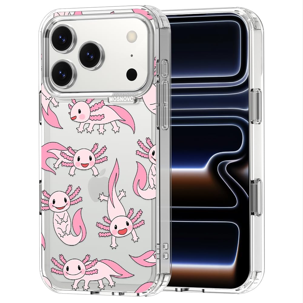 MOSNOVO for iPhone 17 Pro Case | Military Grade 6.6ft Drop Tested | Camera Control | Clear with Pink Axolotl Design Image
