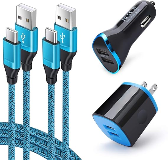 Dual USB Car Charger Wall Plug Charger Box 2Pack 6ft Type C Cable Fast