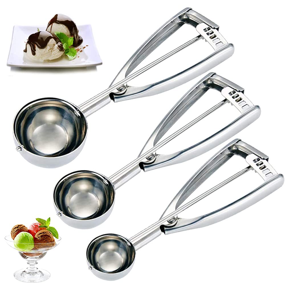 3 Pieces Stainless Steel Ice Cream Spoon, Spoons for Ice Cream and Fruit, Dough Spoon, Cookie Scoop, 3 Specifications, for Ice Cream, Melon, Cupcake, Chocolate