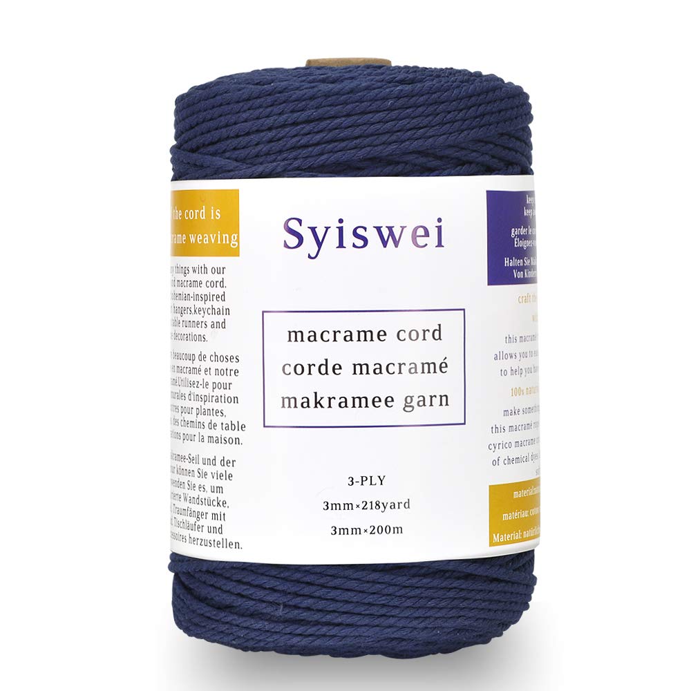 Syiswei Macrame Cord in NavyBlue, 3MM x 200metre Thick Natural Macrame Cotton Cord 3-ply, Macrame Yarn for DIY Craft Making, Plant Holders, Wall Hanging, Home Decorations