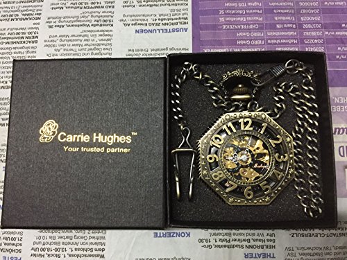 Carrie Hughes Steampunk Bronze Octagon Gold Skeleton Mechanical Pocket Watch with Chain Xmas Gift CHPW02