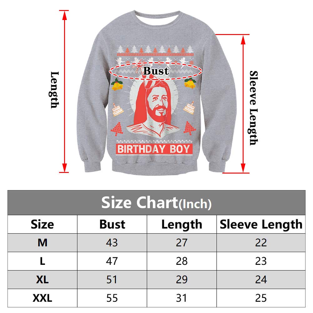 SKYRAINBOW Girls Boys Christmas Sweater Print 3D Ugly Xmas Sweatshirt Crew Neck Thick Pullover Loose Fit Jumper Easter Clothes for Holiday Party Grey XL