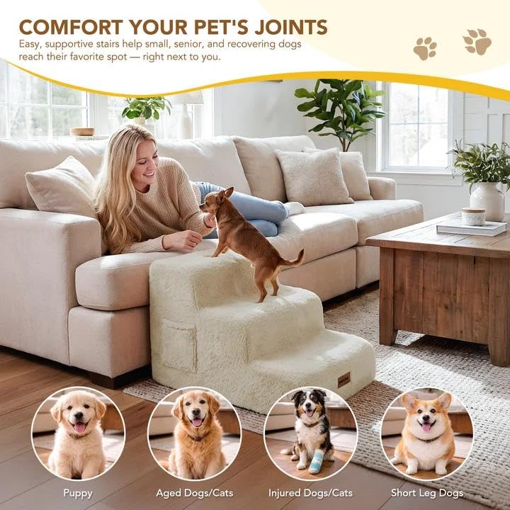 PETNOVO Escalera para Perros de 3 Peldaños para Sofá y Cama, Escalones para Perros Pequeños y Mayores con Felpa Ultrasuave, Base Antideslizante y Funda Lavable, Certificación Oeko-Tex, Beige Crema