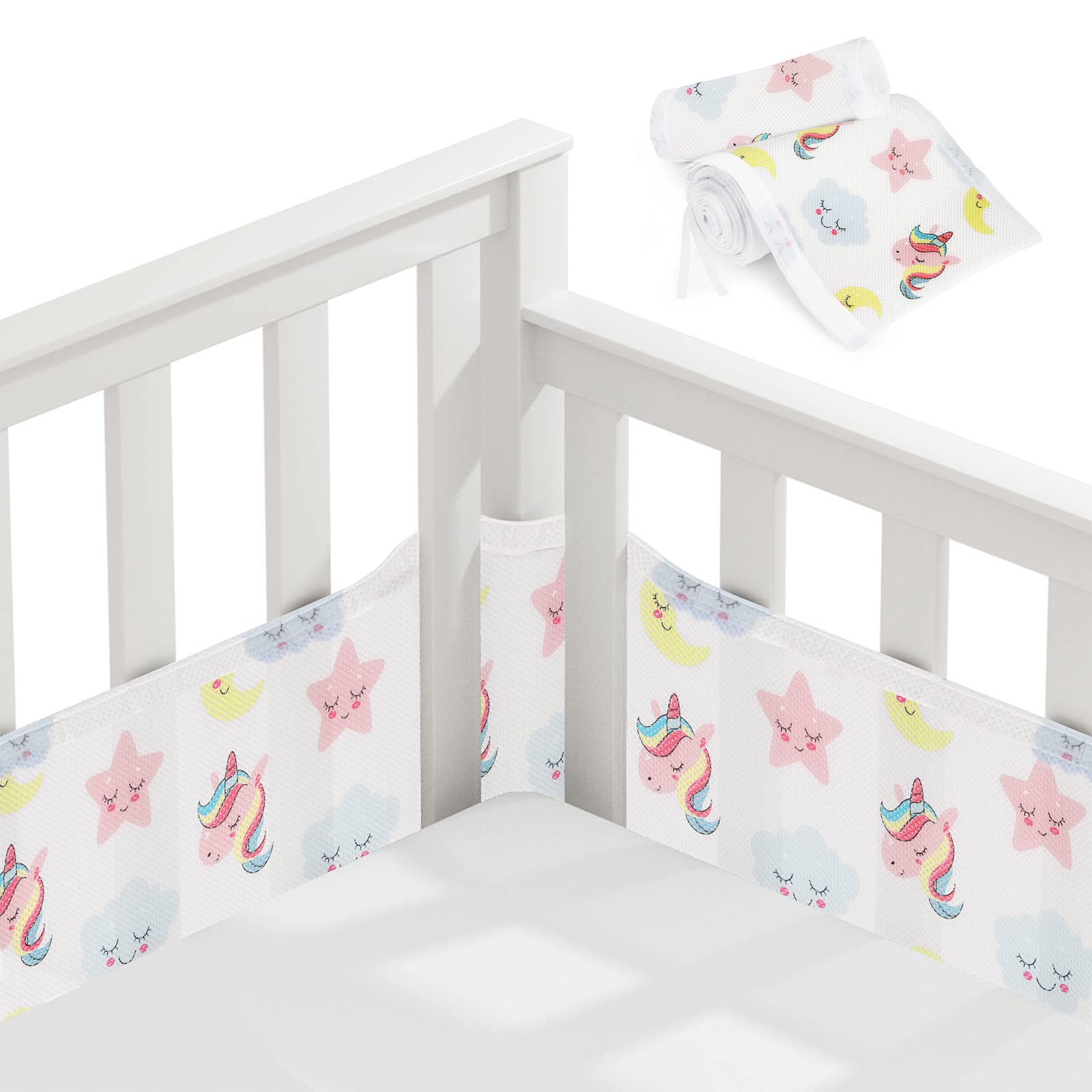 Vicloon Cot Bumper, 2Pcs Breathable Mesh Cot Liner, Crib Rail Cover Baby Crib Bumper, Baby Boys Girls Nursery Breathable Crib Bed Liner Bumper (Unicorn）