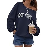 Bellcoco Womens Off the Shoulder Sweatshirt New York Long Sleeve Loose Pullover Tops Oversized Sweatshirts Trendy Spring Outfits Deep Blue NY L