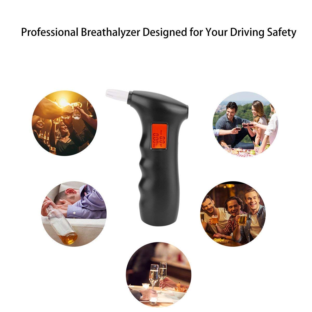 bedee Alcoholímetro Digital Portátil, Detector Electrónico del Alcohol del Aliento, Analizador Profesional del Tester con Sensor Semiconductor, con la Pantalla LCD, con 5 Boquillas