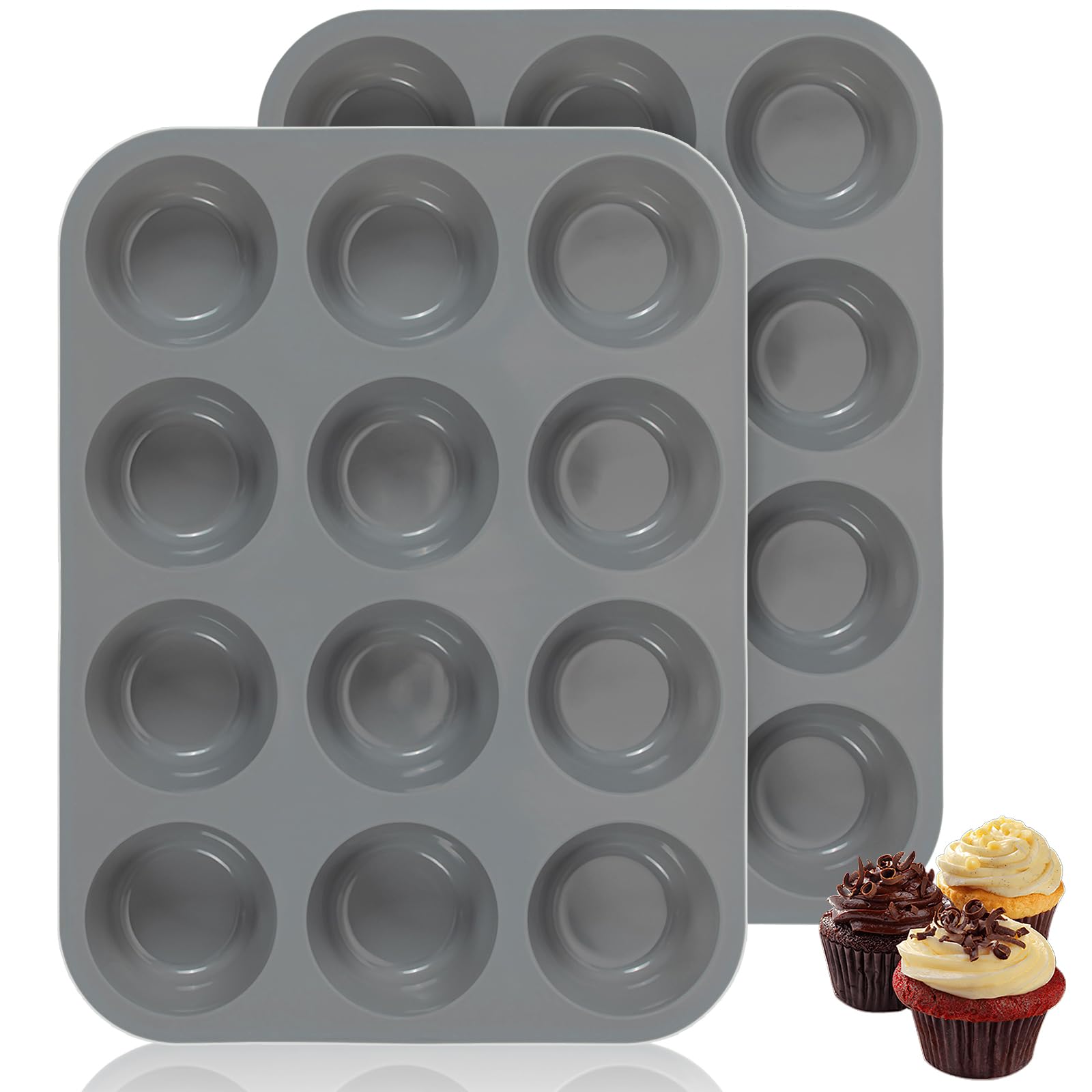 Vinuwu 2 Pack Muffin Trays, Silicone Muffin Moulds 12 Cup, Non Stick Muffin Cupcakes Tin 12 Deep, Baking Tray for Cupcakes Yorkshire Bun Pudding, Baking Moulds Tins-30 x 22 x 3 cm