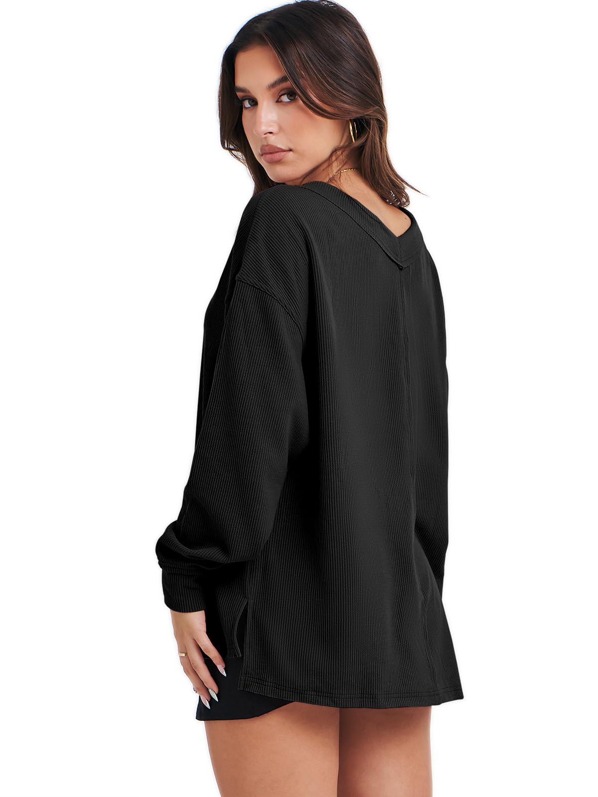 ANRABESS Oversized Long Sleeve Shirts for Women Off the Shoulder Sweatshirt Loose V Neck Tunic Tops High Low Sweater 2024