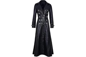 RUAZUA Ladies Black Real Leather Trench Coat - Full Length Gothic Rock Style Double Breasted Overcoat
