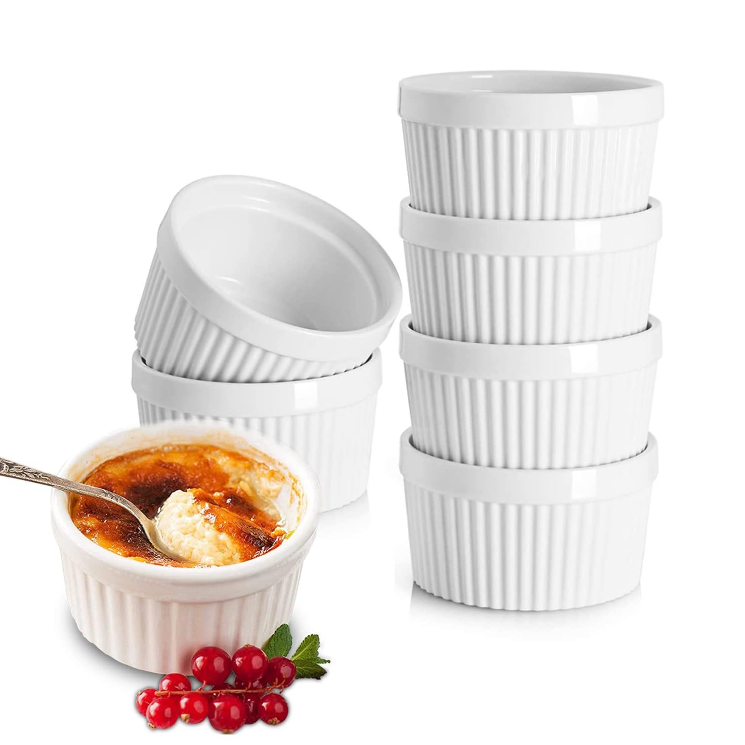 6.5CM White Porcelain Ramekins 85ML Baking Cups for Souffle Porcelain Souffle Dish for Small Cakes Creme Brulee Pudding and Ice Cream Sauce and Dips- Durable Pack of 6