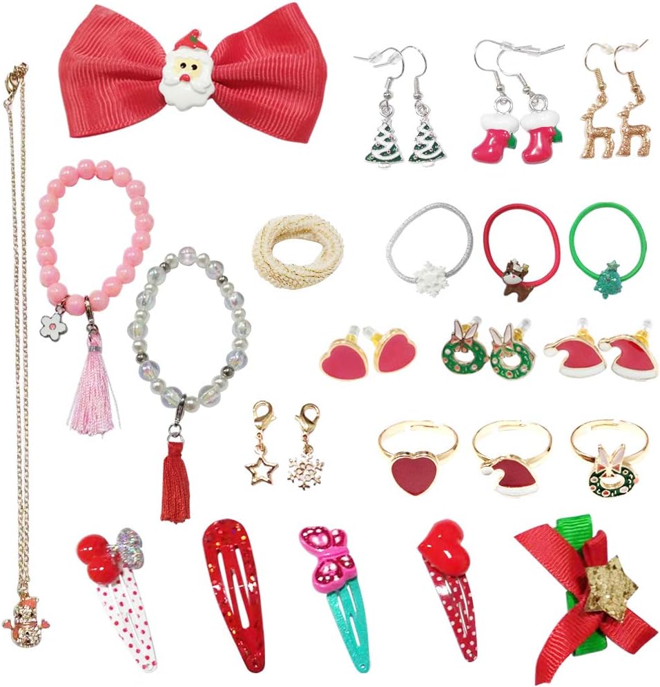 Advent Calendar, DIY Charm Jewellery Countdown to Christams for Girls Kids with Fashion Hair Ties Earring Bracelets Ring and Santa Long Necklace -Gift 24 pcs