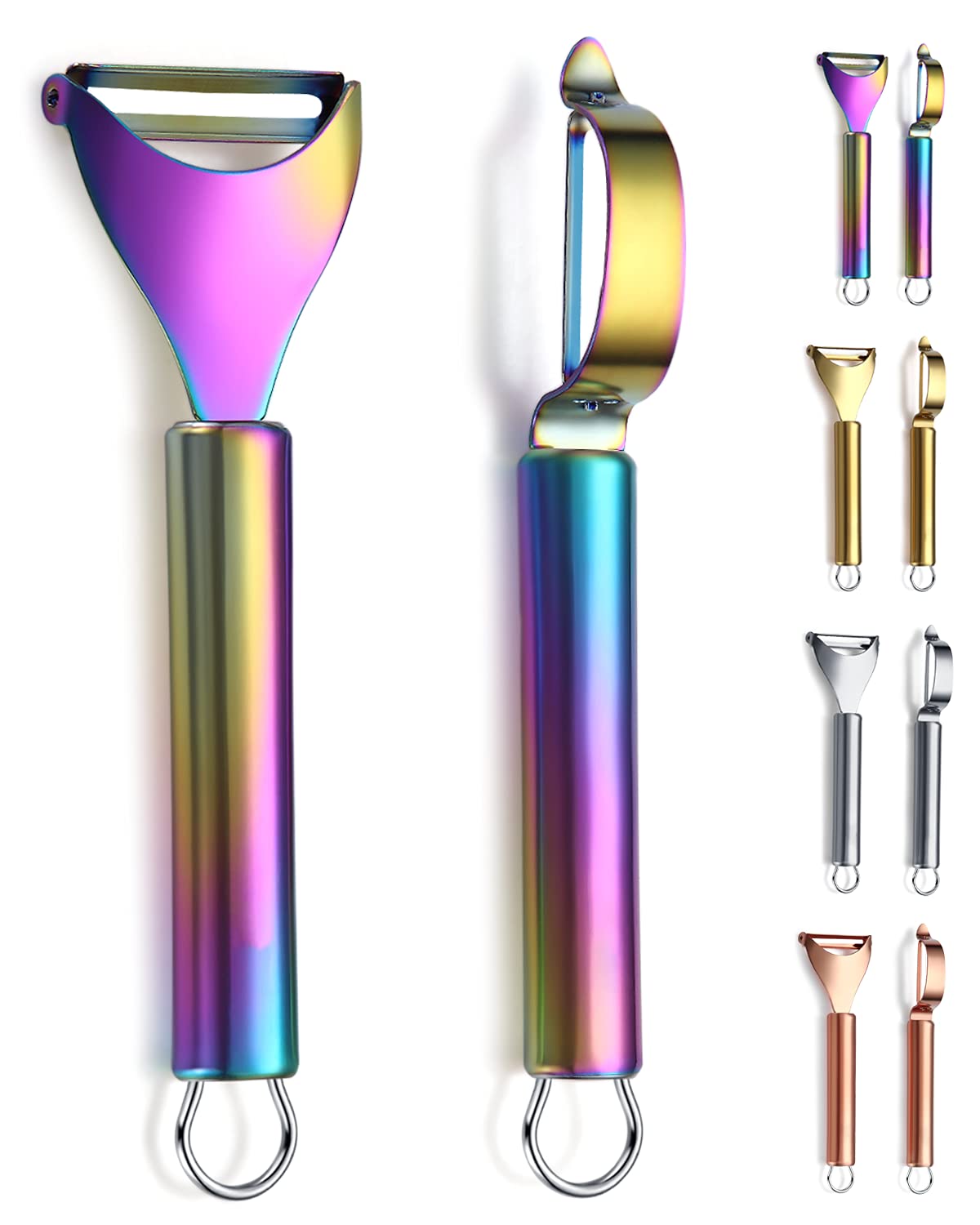Rainbow Potato Vegetable Peeler, Kyraton Stainless Steel Apple Fruit Veggie Peeler with Colorful Titanium Plating, Peelers for Kitchen Ergonomic Non Slip Handle Dishwasher Safe, Set of 2