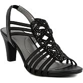 Jones New York Women&rsquo;s Strappy Slingback Dress Sandals, Open Toe Slip-On Mid Heel Shoes with Stretch Upper and Heat-Set Stone Detail for Party, Wedding, and Evening Wear