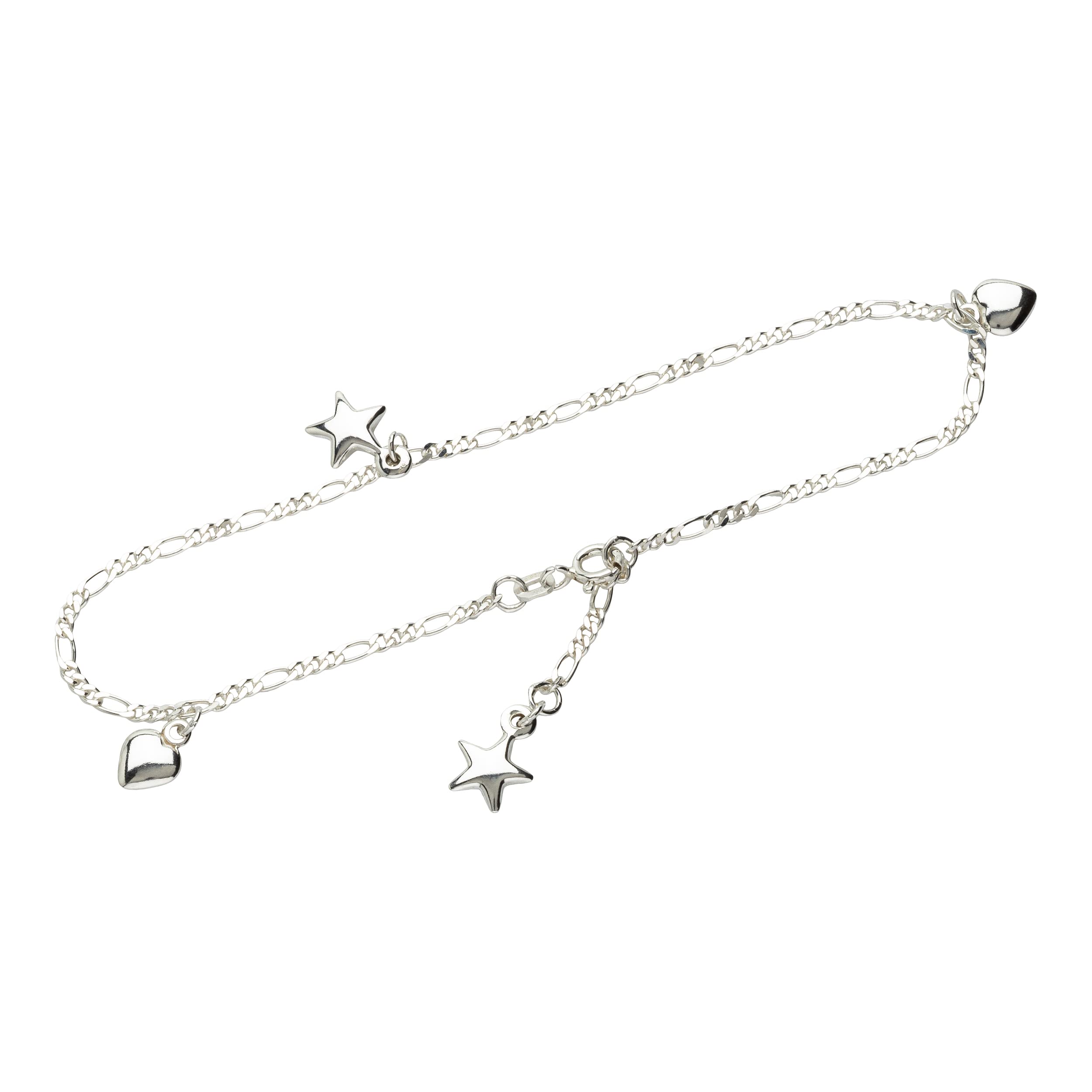 NKlaus 25cm Ladies Anklet 925 Sterling Silver Width: 2,2mm Figaro Chain with Heart and Star Spring Ring Closure 1861