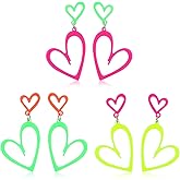 LIQWEI 3 Pair Neon Heart Earrings, Acrylic Neon Earrings, 80s 90s Outfit for Women Glow Party Accessories Gifts Hot Pink Orange Green Yellow